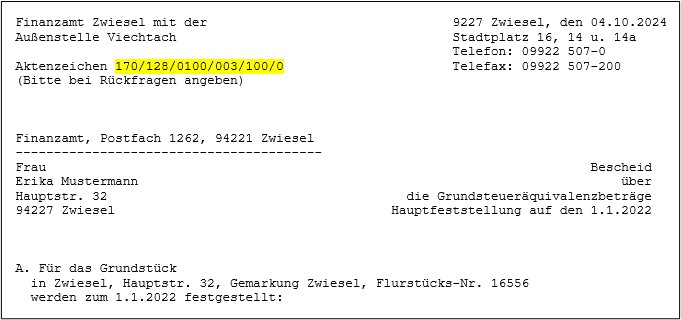 Ausschnitt eines Bescheides über die Grundsteueräquivalenzbeträge mit Markierung des Aktenzeichens